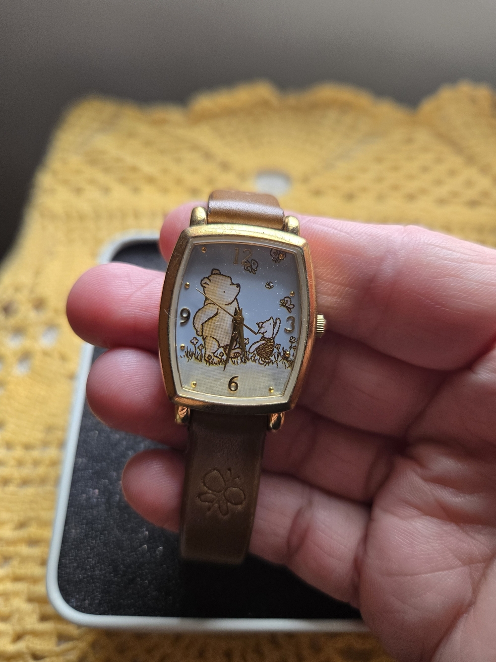Winnie the Pooh Brown Leather Strap Watch - Gold Tone Case